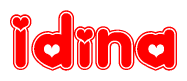 The image is a red and white graphic with the word Idina written in a decorative script. Each letter in  is contained within its own outlined bubble-like shape. Inside each letter, there is a white heart symbol.