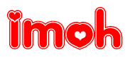 The image is a red and white graphic with the word Imoh written in a decorative script. Each letter in  is contained within its own outlined bubble-like shape. Inside each letter, there is a white heart symbol.