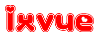 The image displays the word Ixvue written in a stylized red font with hearts inside the letters.