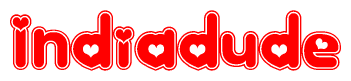The image is a clipart featuring the word Indiadude written in a stylized font with a heart shape replacing inserted into the center of each letter. The color scheme of the text and hearts is red with a light outline.