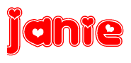 The image is a clipart featuring the word Janie written in a stylized font with a heart shape replacing inserted into the center of each letter. The color scheme of the text and hearts is red with a light outline.