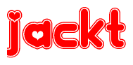 The image is a red and white graphic with the word Jackt written in a decorative script. Each letter in  is contained within its own outlined bubble-like shape. Inside each letter, there is a white heart symbol.