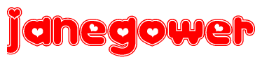 The image is a clipart featuring the word Janegower written in a stylized font with a heart shape replacing inserted into the center of each letter. The color scheme of the text and hearts is red with a light outline.