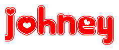 The image is a red and white graphic with the word Johney written in a decorative script. Each letter in  is contained within its own outlined bubble-like shape. Inside each letter, there is a white heart symbol.