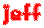 The image is a clipart featuring the word Jeff written in a stylized font with a heart shape replacing inserted into the center of each letter. The color scheme of the text and hearts is red with a light outline.