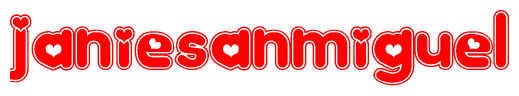 The image is a clipart featuring the word Janiesanmiguel written in a stylized font with a heart shape replacing inserted into the center of each letter. The color scheme of the text and hearts is red with a light outline.