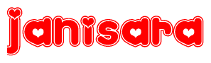 The image is a clipart featuring the word Janisara written in a stylized font with a heart shape replacing inserted into the center of each letter. The color scheme of the text and hearts is red with a light outline.