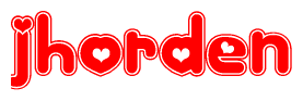 The image is a red and white graphic with the word Jhorden written in a decorative script. Each letter in  is contained within its own outlined bubble-like shape. Inside each letter, there is a white heart symbol.