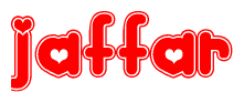 The image is a red and white graphic with the word Jaffar written in a decorative script. Each letter in  is contained within its own outlined bubble-like shape. Inside each letter, there is a white heart symbol.