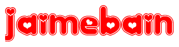 The image is a red and white graphic with the word Jaimebain written in a decorative script. Each letter in  is contained within its own outlined bubble-like shape. Inside each letter, there is a white heart symbol.