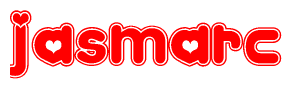 The image is a red and white graphic with the word Jasmarc written in a decorative script. Each letter in  is contained within its own outlined bubble-like shape. Inside each letter, there is a white heart symbol.