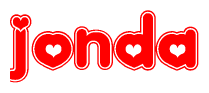 The image is a clipart featuring the word Jonda written in a stylized font with a heart shape replacing inserted into the center of each letter. The color scheme of the text and hearts is red with a light outline.
