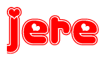 The image is a clipart featuring the word Jere written in a stylized font with a heart shape replacing inserted into the center of each letter. The color scheme of the text and hearts is red with a light outline.