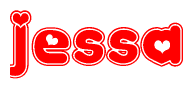 The image is a clipart featuring the word Jessa written in a stylized font with a heart shape replacing inserted into the center of each letter. The color scheme of the text and hearts is red with a light outline.
