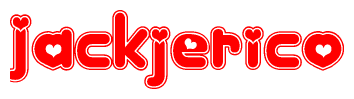 The image is a clipart featuring the word Jackjerico written in a stylized font with a heart shape replacing inserted into the center of each letter. The color scheme of the text and hearts is red with a light outline.