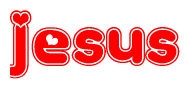 The image is a clipart featuring the word Jesus written in a stylized font with a heart shape replacing inserted into the center of each letter. The color scheme of the text and hearts is red with a light outline.