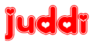 The image is a clipart featuring the word Juddi written in a stylized font with a heart shape replacing inserted into the center of each letter. The color scheme of the text and hearts is red with a light outline.