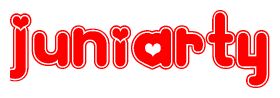 The image is a red and white graphic with the word Juniarty written in a decorative script. Each letter in  is contained within its own outlined bubble-like shape. Inside each letter, there is a white heart symbol.