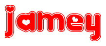 The image is a red and white graphic with the word Jamey written in a decorative script. Each letter in  is contained within its own outlined bubble-like shape. Inside each letter, there is a white heart symbol.