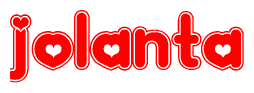 The image is a red and white graphic with the word Jolanta written in a decorative script. Each letter in  is contained within its own outlined bubble-like shape. Inside each letter, there is a white heart symbol.