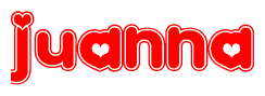 The image is a red and white graphic with the word Juanna written in a decorative script. Each letter in  is contained within its own outlined bubble-like shape. Inside each letter, there is a white heart symbol.