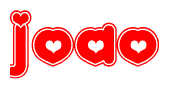 The image is a red and white graphic with the word Joao written in a decorative script. Each letter in  is contained within its own outlined bubble-like shape. Inside each letter, there is a white heart symbol.