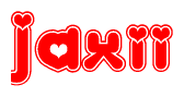 The image is a clipart featuring the word Jaxii written in a stylized font with a heart shape replacing inserted into the center of each letter. The color scheme of the text and hearts is red with a light outline.