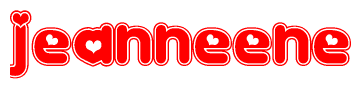 The image is a clipart featuring the word Jeanneene written in a stylized font with a heart shape replacing inserted into the center of each letter. The color scheme of the text and hearts is red with a light outline.