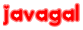 The image is a red and white graphic with the word Javagal written in a decorative script. Each letter in  is contained within its own outlined bubble-like shape. Inside each letter, there is a white heart symbol.