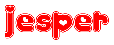 The image is a red and white graphic with the word Jesper written in a decorative script. Each letter in  is contained within its own outlined bubble-like shape. Inside each letter, there is a white heart symbol.