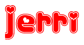 The image is a clipart featuring the word Jerri written in a stylized font with a heart shape replacing inserted into the center of each letter. The color scheme of the text and hearts is red with a light outline.