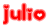The image is a red and white graphic with the word Julio written in a decorative script. Each letter in  is contained within its own outlined bubble-like shape. Inside each letter, there is a white heart symbol.