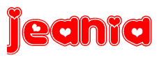 The image is a red and white graphic with the word Jeania written in a decorative script. Each letter in  is contained within its own outlined bubble-like shape. Inside each letter, there is a white heart symbol.