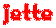 The image is a clipart featuring the word Jette written in a stylized font with a heart shape replacing inserted into the center of each letter. The color scheme of the text and hearts is red with a light outline.