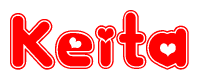 The image is a clipart featuring the word Keita written in a stylized font with a heart shape replacing inserted into the center of each letter. The color scheme of the text and hearts is red with a light outline.