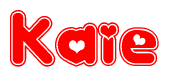 The image is a red and white graphic with the word Kaie written in a decorative script. Each letter in  is contained within its own outlined bubble-like shape. Inside each letter, there is a white heart symbol.