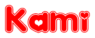 The image is a red and white graphic with the word Kami written in a decorative script. Each letter in  is contained within its own outlined bubble-like shape. Inside each letter, there is a white heart symbol.