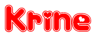 The image is a red and white graphic with the word Krine written in a decorative script. Each letter in  is contained within its own outlined bubble-like shape. Inside each letter, there is a white heart symbol.