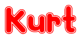 The image is a red and white graphic with the word Kurt written in a decorative script. Each letter in  is contained within its own outlined bubble-like shape. Inside each letter, there is a white heart symbol.