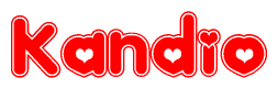 The image displays the word Kandio written in a stylized red font with hearts inside the letters.