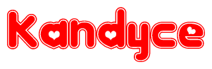 The image is a red and white graphic with the word Kandyce written in a decorative script. Each letter in  is contained within its own outlined bubble-like shape. Inside each letter, there is a white heart symbol.