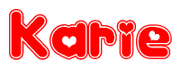 The image is a clipart featuring the word Karie written in a stylized font with a heart shape replacing inserted into the center of each letter. The color scheme of the text and hearts is red with a light outline.