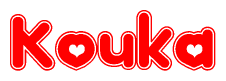 The image is a clipart featuring the word Kouka written in a stylized font with a heart shape replacing inserted into the center of each letter. The color scheme of the text and hearts is red with a light outline.