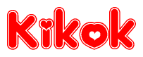 The image is a red and white graphic with the word Kikok written in a decorative script. Each letter in  is contained within its own outlined bubble-like shape. Inside each letter, there is a white heart symbol.