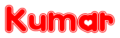 The image is a clipart featuring the word Kumar written in a stylized font with a heart shape replacing inserted into the center of each letter. The color scheme of the text and hearts is red with a light outline.