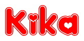 The image is a red and white graphic with the word Kika written in a decorative script. Each letter in  is contained within its own outlined bubble-like shape. Inside each letter, there is a white heart symbol.