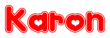 The image is a red and white graphic with the word Karon written in a decorative script. Each letter in  is contained within its own outlined bubble-like shape. Inside each letter, there is a white heart symbol.