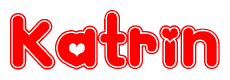 The image is a red and white graphic with the word Katrin written in a decorative script. Each letter in  is contained within its own outlined bubble-like shape. Inside each letter, there is a white heart symbol.