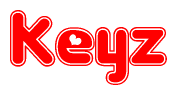 The image is a red and white graphic with the word Keyz written in a decorative script. Each letter in  is contained within its own outlined bubble-like shape. Inside each letter, there is a white heart symbol.