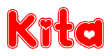 The image is a red and white graphic with the word Kita written in a decorative script. Each letter in  is contained within its own outlined bubble-like shape. Inside each letter, there is a white heart symbol.